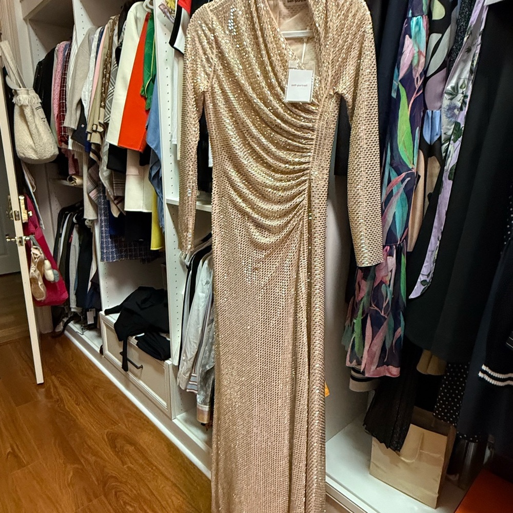 SELF PORTRAIT CHAMPAGNE RHINESTONE DRAPE MAXI DRESS SIZE US4. UK8. - Picture 3 of 11